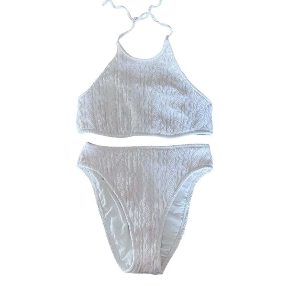 Vintage Sessa White Textured Halter Neck High Waisted Bikini Set
